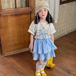 [B&G] Sét váy Áo thun in hình dễ thương phối cùng chân váy xanh tầng ren cho bé gái từ 10-45kg