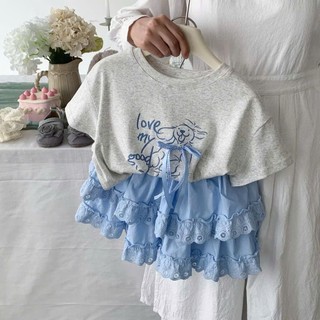 [B&G] Sét váy Áo thun in hình dễ thương phối cùng chân váy xanh tầng ren cho bé gái từ 10-45kg
