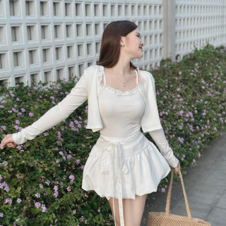 Set đồ nữ 3 chi tiết áo hai dây viền ren phối áo khoác cardigan mix chân váy ngắn dáng bí bồng,váy nữ tiểu thư HCOM25592