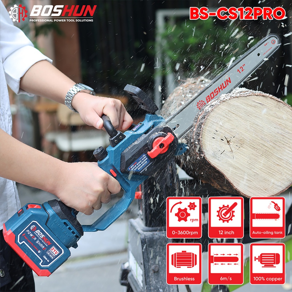 [CHÍNH HÃNG] Máy Cưa Xích 12in  BS-CS12BLC Bossun Không Chổi Than - 100% Lõi Đồng - Chuyên Cưa Gỗ, Cắt Cây,..