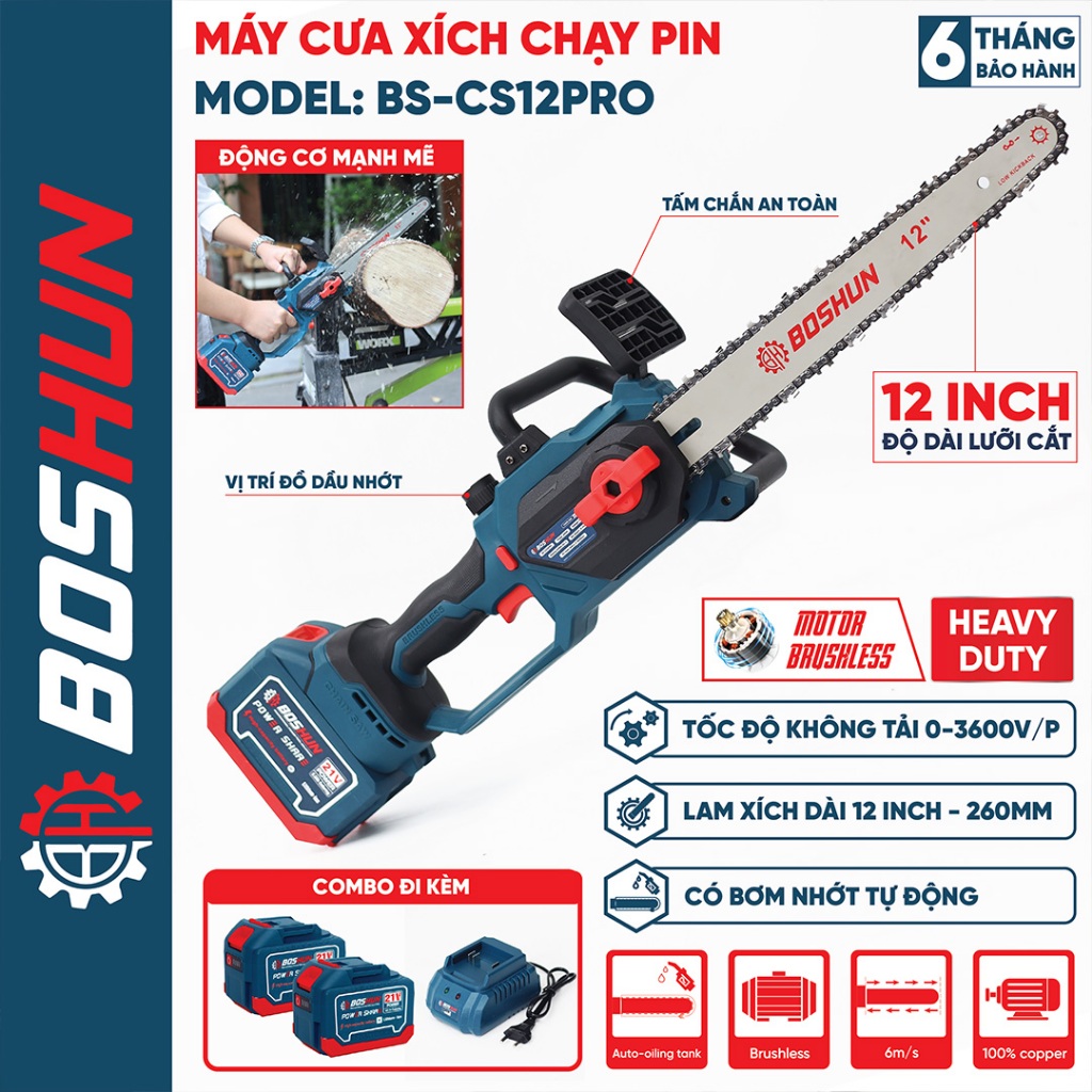 [CHÍNH HÃNG] Máy Cưa Xích 12in  BS-CS12BLC Bossun Không Chổi Than - 100% Lõi Đồng - Chuyên Cưa Gỗ, Cắt Cây,..