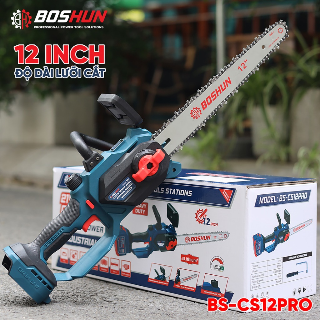 [CHÍNH HÃNG] Máy Cưa Xích 12in  BS-CS12BLC Bossun Không Chổi Than - 100% Lõi Đồng - Chuyên Cưa Gỗ, Cắt Cây,..