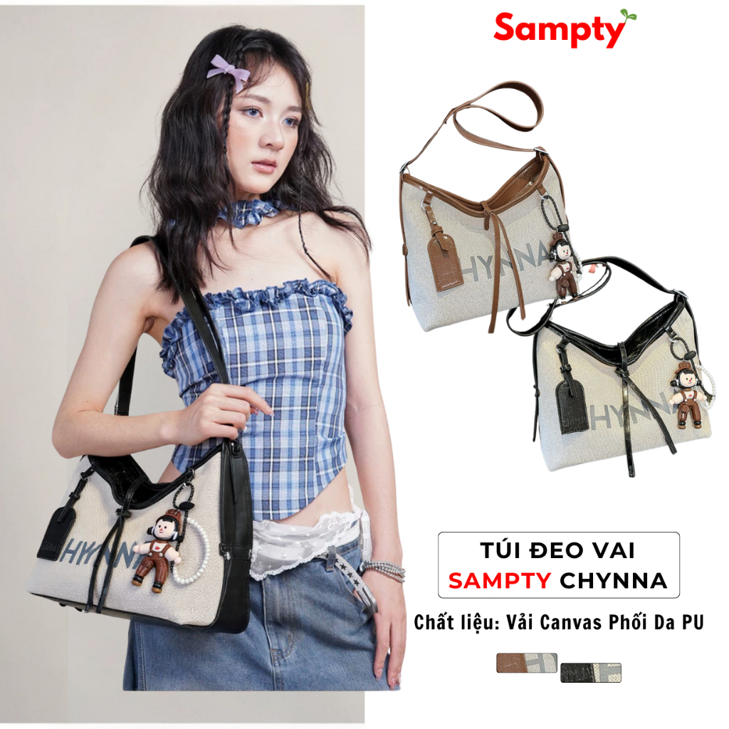 [GIẢM 30K ĐƠN 0Đ TRÊN LIVE] Túi Đeo Vai 𝐒𝐚𝐦𝐩𝐭𝐲 Chynna Dáng Hobo Charm Búp Bê Cute Vải Dệt Phối Da PU Premium