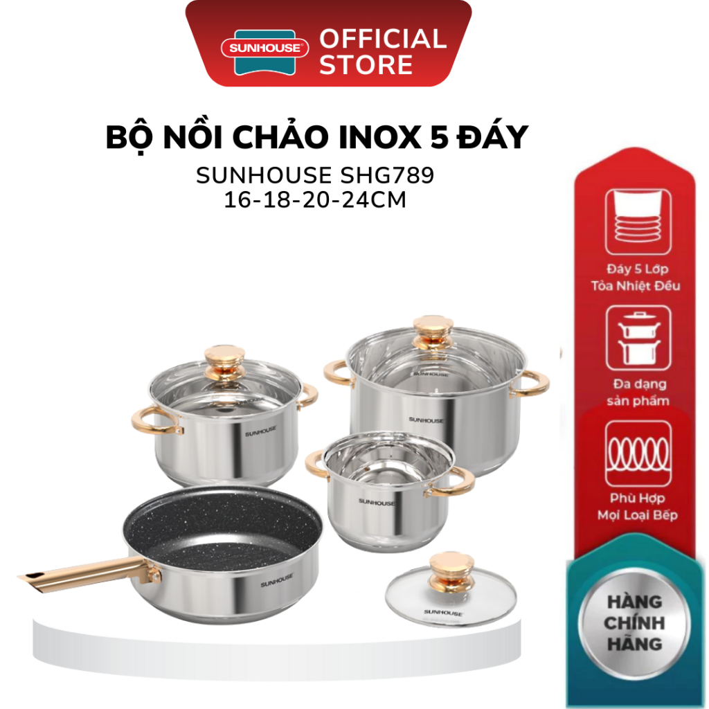 Bộ 3 Nồi 1 Chảo SUNHOUSE SHG789 - Inox 5 Đáy Đường Kính Nồi 16/20/24cm, Chảo 24cm, Quai Núm Mạ Vàng