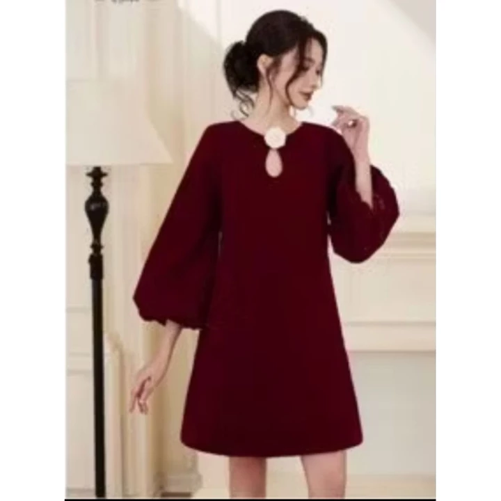 Váy nhung suông tay bí dài, Váy nhung cài hoa bigsize 40kg-120kg