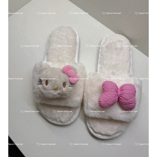 Dép lông đi trong nhà mùa đông NGATODER gắn kitty nơ hồng đáng iu