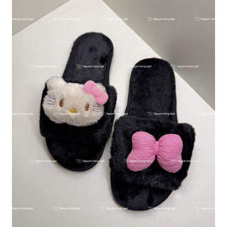 Dép lông đi trong nhà mùa đông NGATODER gắn kitty nơ hồng đáng iu
