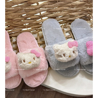 Dép lông đi trong nhà mùa đông NGATODER gắn kitty nơ hồng đáng iu