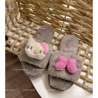Dép lông đi trong nhà mùa đông NGATODER gắn kitty nơ hồng đáng iu