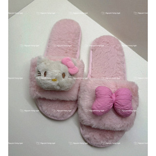 Dép lông đi trong nhà mùa đông NGATODER gắn kitty nơ hồng đáng iu