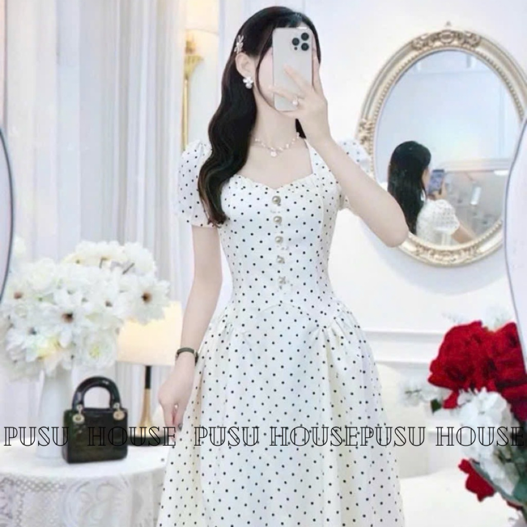 Đầm thiết kế dự tiệc chấm bi cổ vuông tay bồng xoè tiểu thư sang trọng dịu dàng- Pusu house