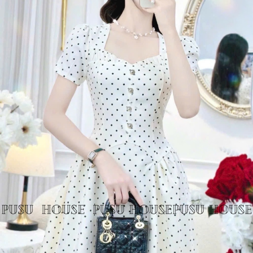 Đầm thiết kế dự tiệc chấm bi cổ vuông tay bồng xoè tiểu thư sang trọng dịu dàng- Pusu house