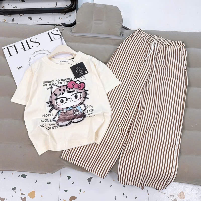 Sét bộ quần áo cho bé gái ( giảm Sốc 15.1) áo in hình 5D chú mèo dễ thương size từ 13-44Kg