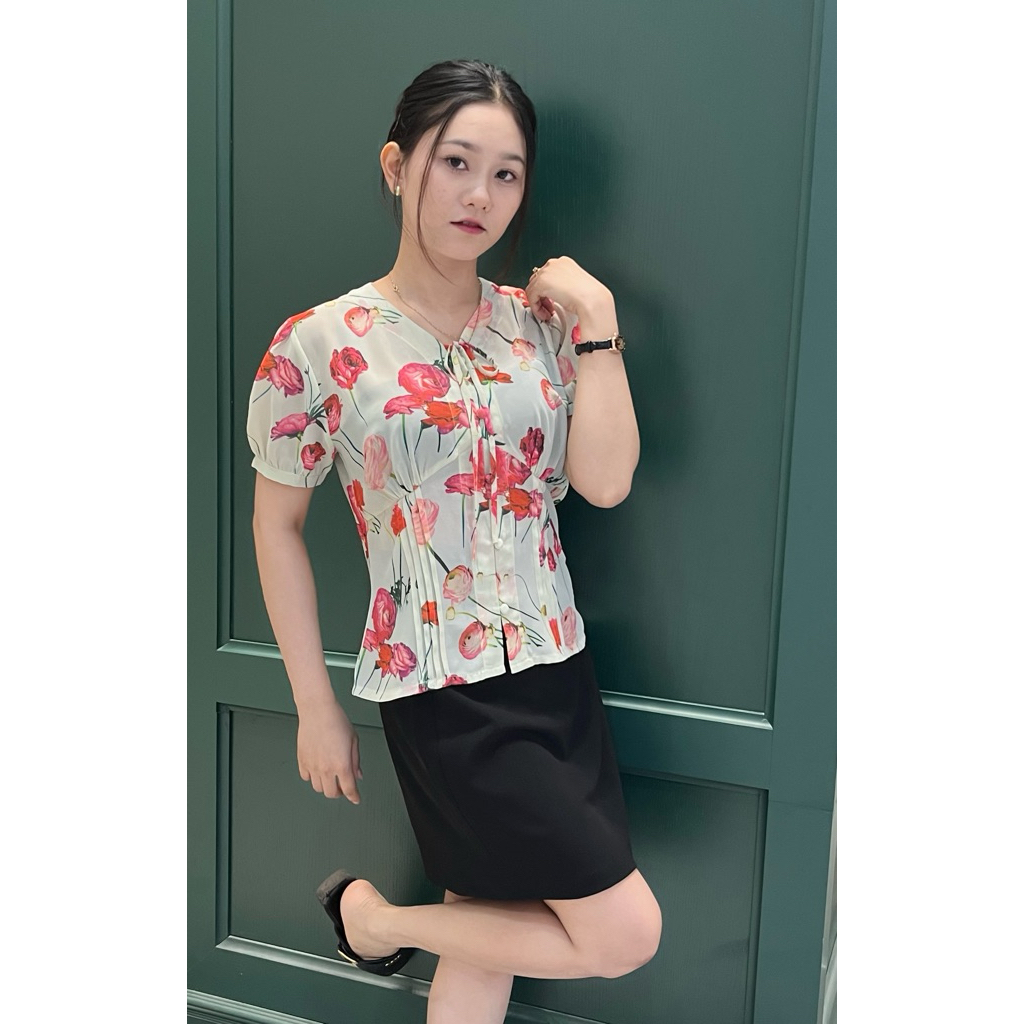 LUMI Áo kiểu nữ thiết kế xếp ly eo tay ngắn bồng chất cotton voan chéo phong cách Hàn Quốc trẻ trung