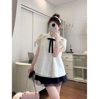 [S2.4148] Set Áo Cổ Sen Ren Lưới Chấm Bi Hàng 2 Lớp Mix Chân Váy Lưới 2 Lớp Bồng Bềnh