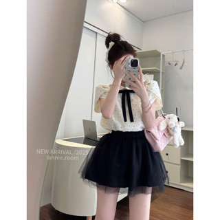 [S2.4148] Set Áo Cổ Sen Ren Lưới Chấm Bi Hàng 2 Lớp Mix Chân Váy Lưới 2 Lớp Bồng Bềnh