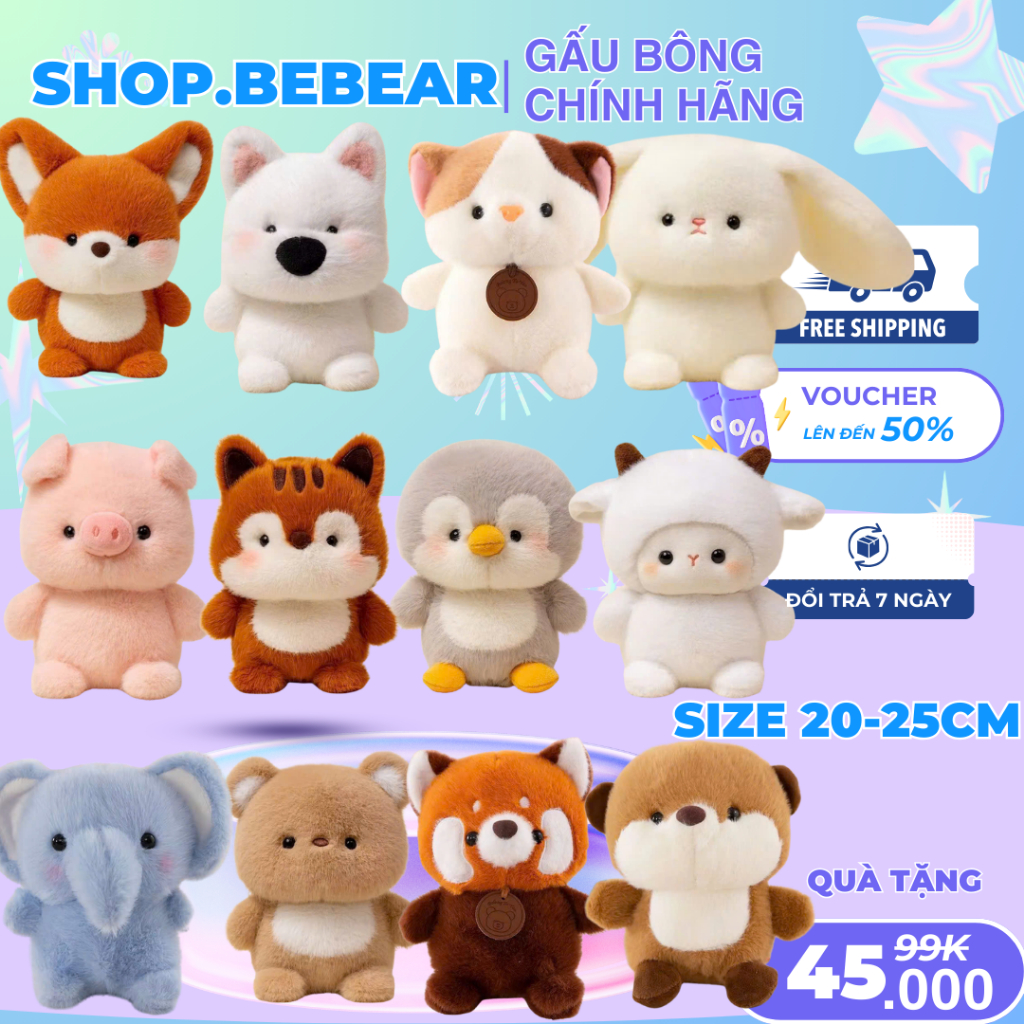 Gấu bông mini các loại động vật heo, gà, cún, chim cánh cụt, voi, cáo, chồn, gấu trúc, thỏ, cừu... size 20-25cm