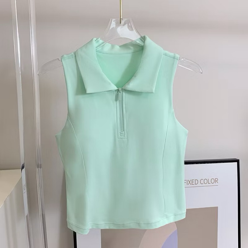 Áo thể thao nữ cổ vest không tay có khóa kéo trước, áo ba lỗ mút rời chơi pickleball, tennis, golf