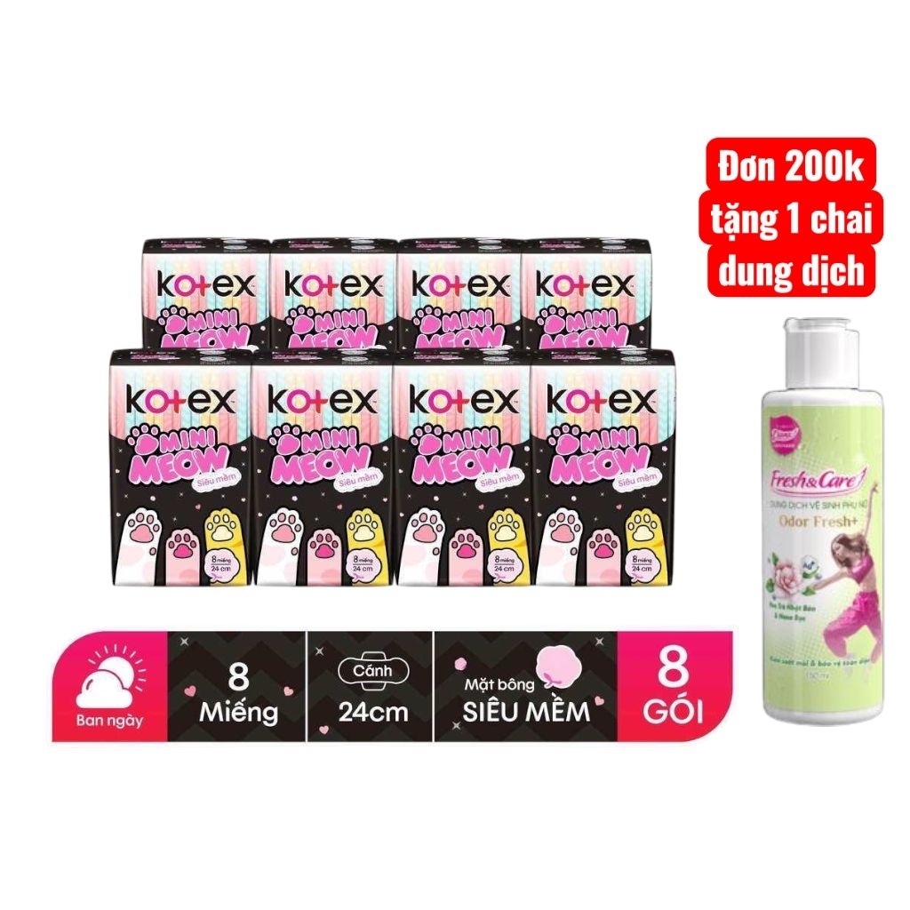 Bộ 8 gói băng vệ sinh Kotex Mini meow siêu mềm 24cm 8 miếng/gói