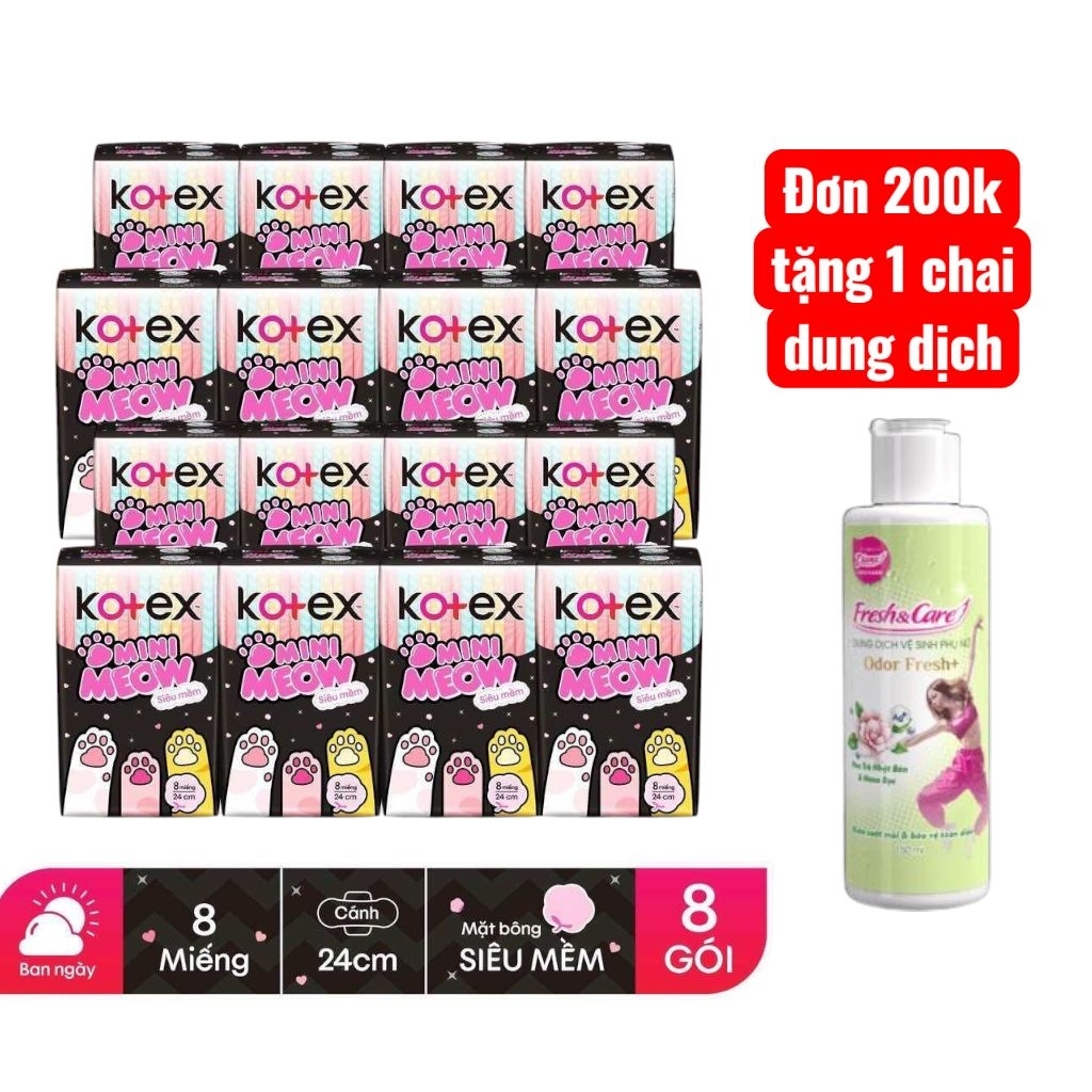 Bộ 16 gói băng vệ sinh Kotex Mini meow siêu mềm 8 miếng/gói 24cm
