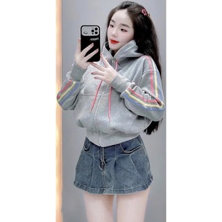 (CÓ TÚI TRONG)ÁO KHOÁC NỮ CÓ NÓN VẢI NỈ VIỀN CẦU VÒNG TRẺ TRUNG, NĂNG ĐỘNG