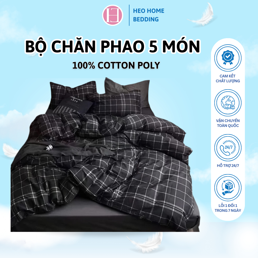 Bộ 5 món ga gối và chăn poly cotton mền chần bông dày chăn trần siêu nhẹ - chất liệu mềm mại - họa tiết đen cá tính