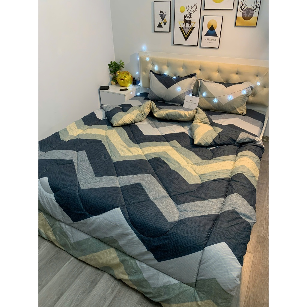 Bộ 5 món ga gối và chăn poly cotton mền chần bông dày chăn trần siêu nhẹ - chất liệu mềm mại - họa tiết đen cá tính | BigBuy360 - bigbuy360.vn