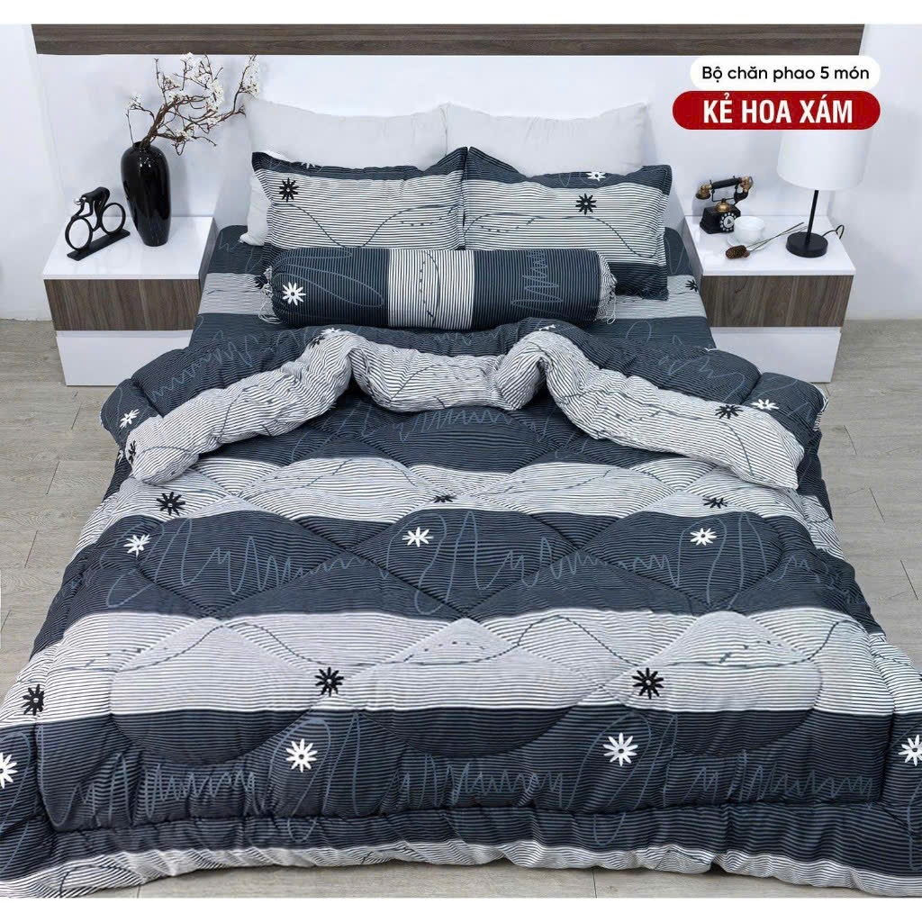 Bộ 5 món ga gối và chăn poly cotton mền chần bông dày chăn trần siêu nhẹ - chất liệu mềm mại - họa tiết đen cá tính | BigBuy360 - bigbuy360.vn