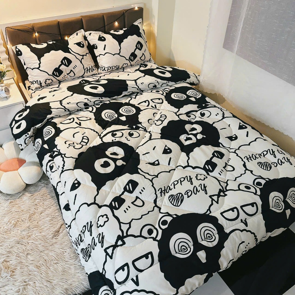 Bộ 5 món ga gối và chăn poly cotton mền chần bông dày chăn trần siêu nhẹ - chất liệu mềm mại - họa tiết đen cá tính | BigBuy360 - bigbuy360.vn