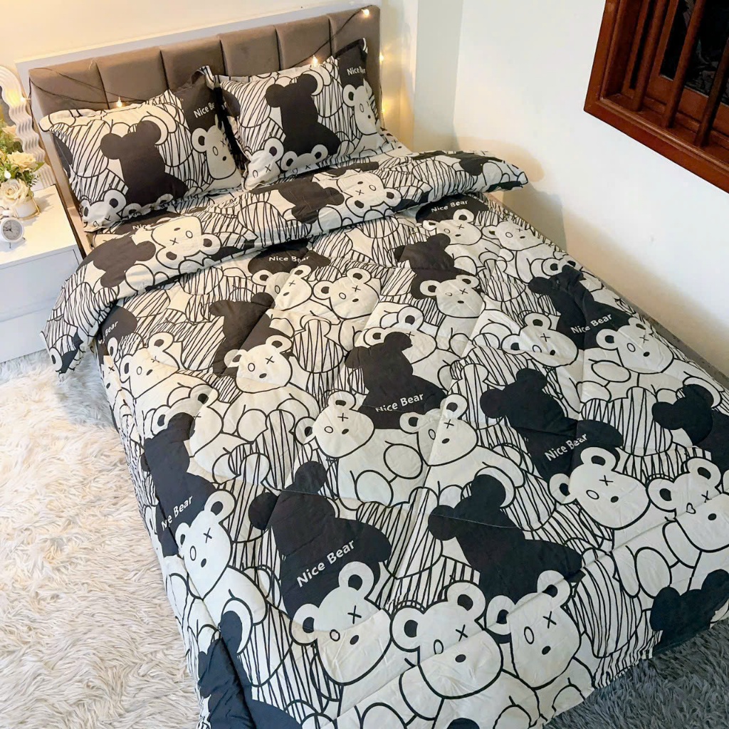 Bộ 5 món ga gối và chăn poly cotton mền chần bông dày chăn trần siêu nhẹ - chất liệu mềm mại - họa tiết đen cá tính | BigBuy360 - bigbuy360.vn