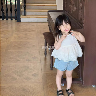 [B&G] Sét bộ Áo ren trắng phối quần short jean năng động cho bé gái từ 10-45kg(2-12 tuổi)