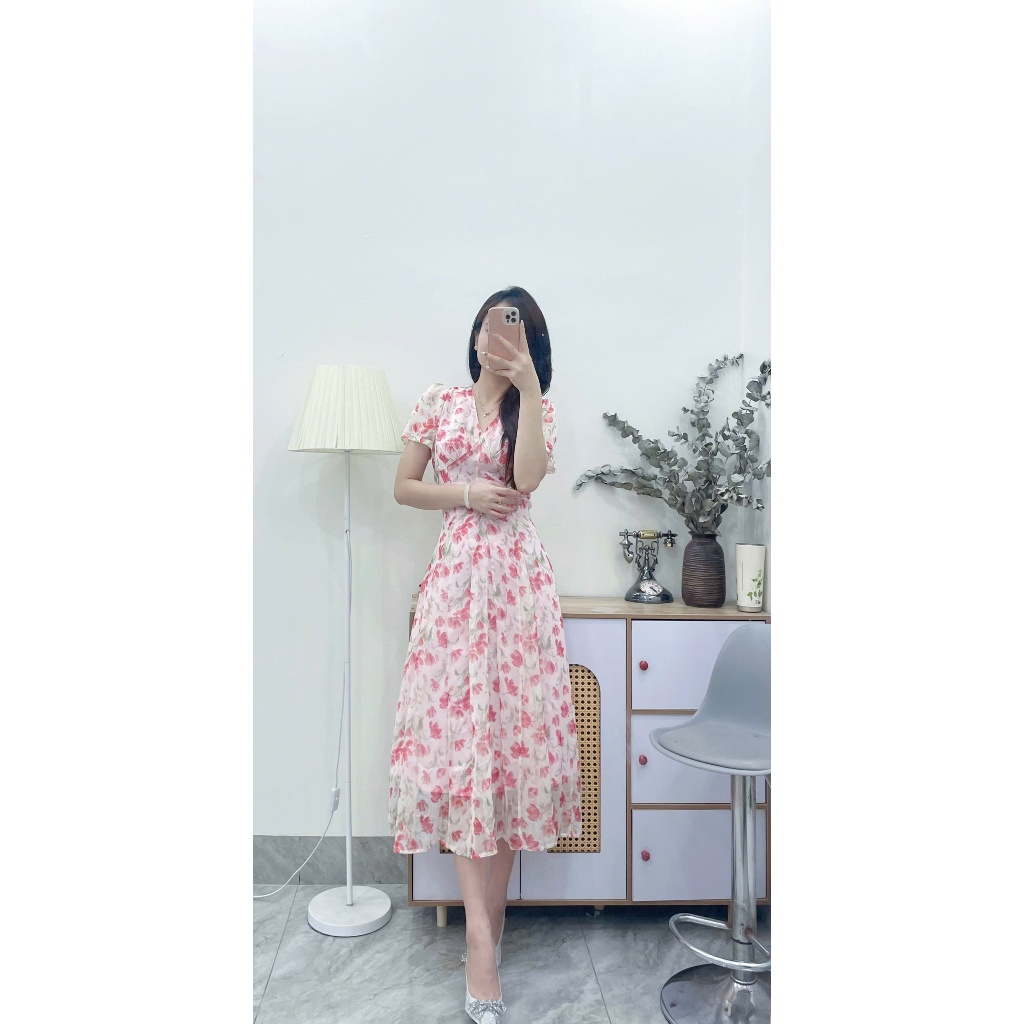 Váy hoa nữ thiết kế dáng dài vintage hai lớp tay ngắn cổ V chất tơ hàn nhẹ nhàng V413