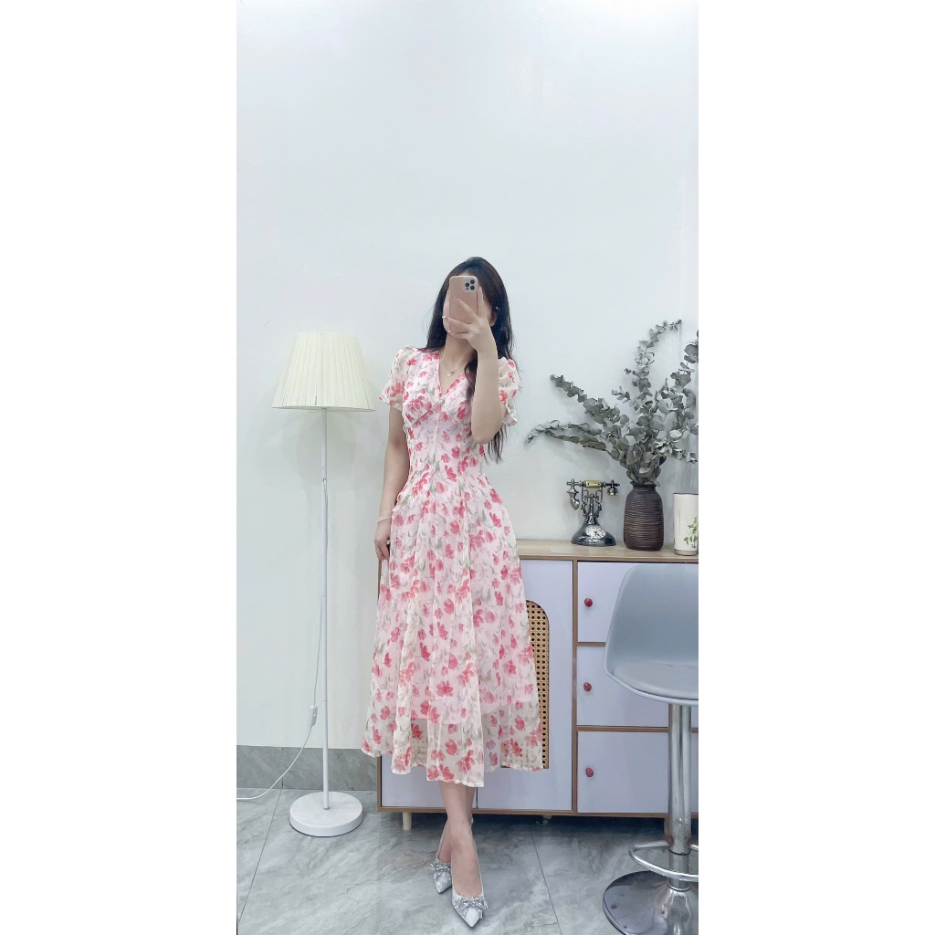 Váy hoa nữ thiết kế dáng dài vintage hai lớp tay ngắn cổ V chất tơ hàn nhẹ nhàng V413