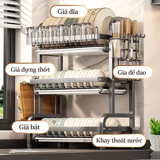 Gslife Giá Để Bát Đĩa Thoát Nước Thép Cacbon Đa Năng - Tích Hợp Giá Để Cốc, Đũa, Dao và Khe Cắm Thớt