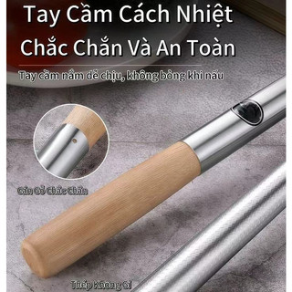 Vá inox Xẻng xào Inox Cao cấp cán gỗ dài 53CM loại dày Chubby Chef  Vá thân dài liền và chống nóng an toàn sức khỏe