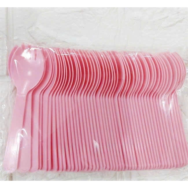 Sét 50 thìa nhựa ăn bánh kem và bộ 10 phần ăn 1 dao + 10 thìa + 10 đĩa giấy+ 1 túi hồng