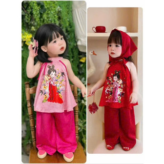 Set yếm trung thu cho bé gái đi chơi,chụp hình kèm khăn mỏ quạ xinh xắn 2 màu hồng đỏ,bộ quần áo yếm bé gái 10-30kg