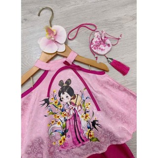 Set yếm trung thu cho bé gái đi chơi,chụp hình kèm khăn mỏ quạ xinh xắn 2 màu hồng đỏ,bộ quần áo yếm bé gái 10-30kg