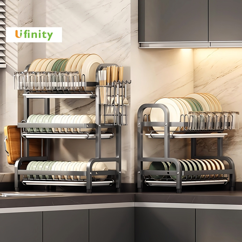 Lifinity Giá Để Bát Đĩa Thoát Nước 2 Tầng - Thép Cacbon, Có Giá Treo Cốc & Khe Đựng Dao Thớt, Để Đũa