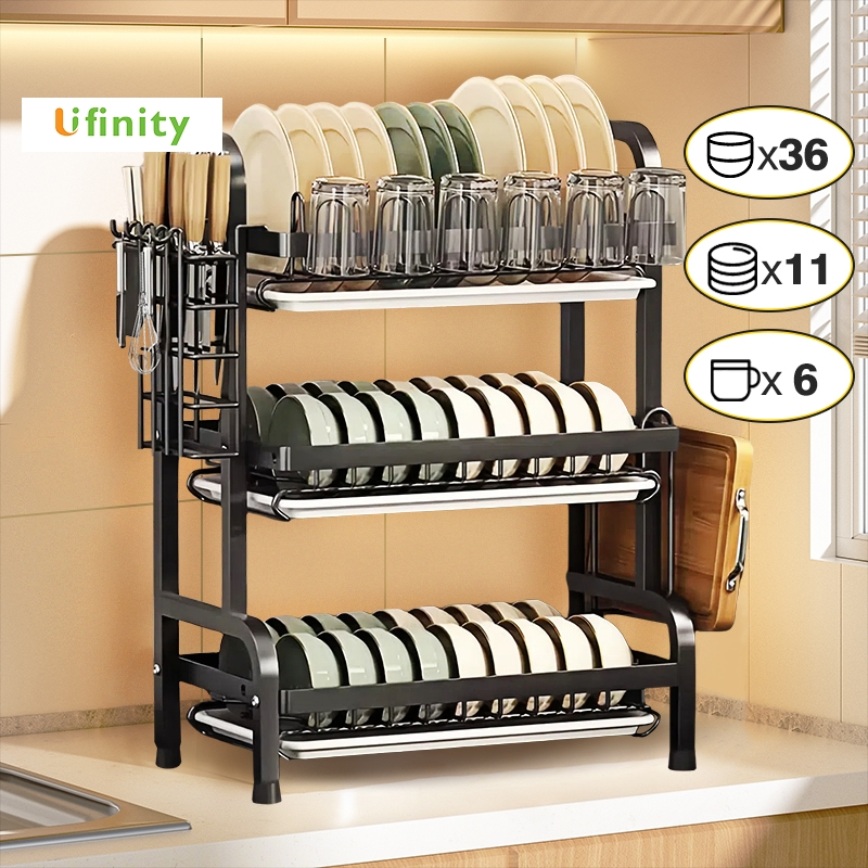 Lifinity Giá Để Bát Đĩa Thoát Nước 2 Tầng - Thép Cacbon, Có Giá Treo Cốc & Khe Đựng Dao Thớt, Để Đũa