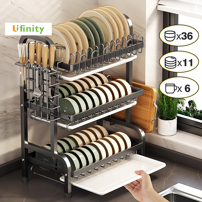 Lifinity Giá Để Bát Đĩa Thoát Nước 2 Tầng - Thép Cacbon, Có Giá Treo Cốc & Khe Đựng Dao Thớt, Để Đũa