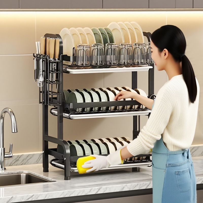 Lifinity Giá Để Bát Đĩa Thoát Nước 2 Tầng - Thép Cacbon, Có Giá Treo Cốc & Khe Đựng Dao Thớt, Để Đũa