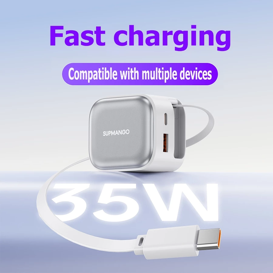 Bộ sạc nhanh 35W với cáp sạc Type-C có thể thu vào, sạc có thể gập lại di động