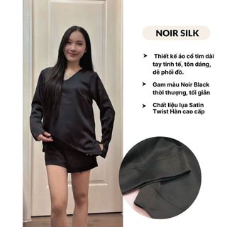 Áo lụa thiết kế Noir Silk Satin Twist – Áo lụa Hàn cao cấp, áo dài tay cổ tim SPACSILK