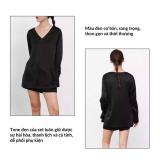 Áo lụa thiết kế Noir Silk Satin Twist – Áo lụa Hàn cao cấp, áo dài tay cổ tim SPACSILK