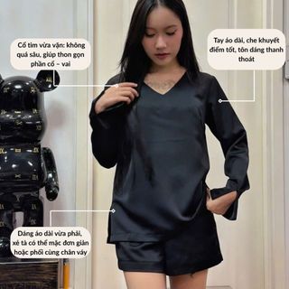 Áo lụa thiết kế Noir Silk Satin Twist – Áo lụa Hàn cao cấp, áo dài tay cổ tim SPACSILK