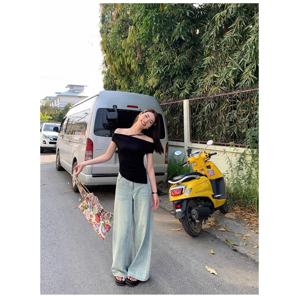 [Chất COTTON ] Áo Trễ Vai Ngắn Tay Phối Dây Ngang Vai RANSHI Vạt Lệch Ôm Body Tôn Dáng Chất Thun Cotton