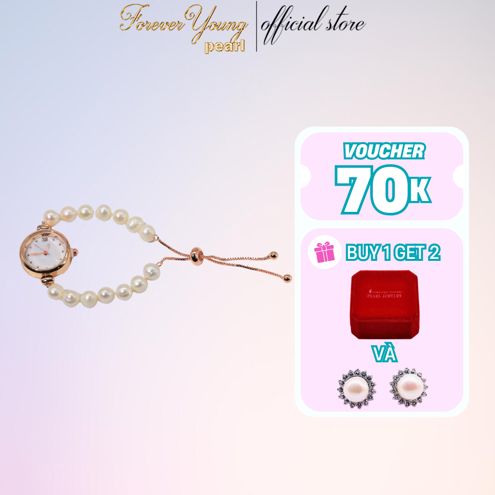 VT106 - Vòng Tay ngọc Trai Nước Ngọt 7-8 li, mặt đồng hồ cao cấp- Quà tặng 20/10 dành cho người yêu