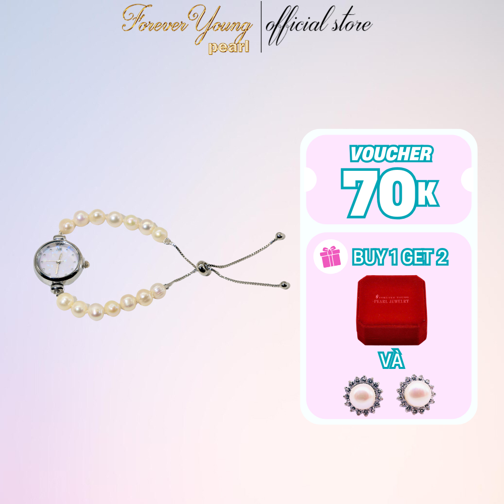 VT106 - Vòng Tay ngọc Trai Nước Ngọt 7-8 li, mặt đồng hồ cao cấp- Quà tặng 20/10 dành cho người yêu