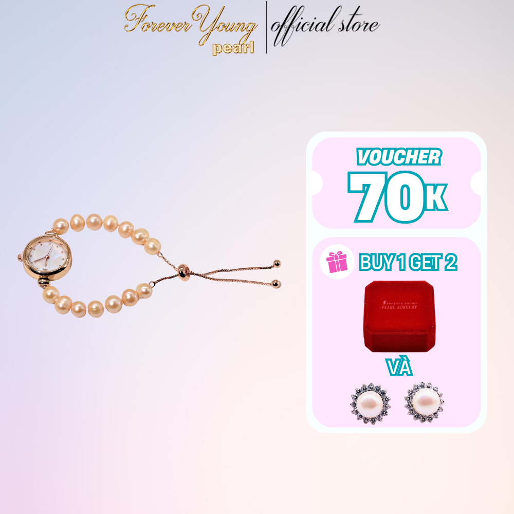 VT106 - Vòng Tay ngọc Trai Nước Ngọt 7-8 li, mặt đồng hồ cao cấp- Quà tặng 20/10 dành cho người yêu
